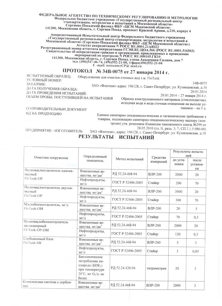 Протокол испытаний на степень очистки сооружений для ливневого стока - 1 стр.